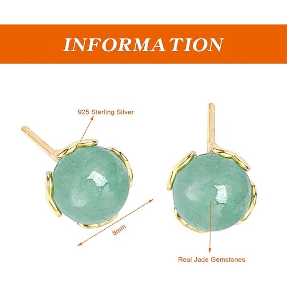 Heart Gold Green Jade Sterling Silver Stud Earrings View 3